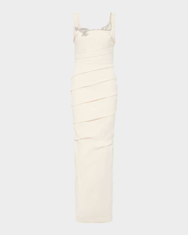 Rhodes Crystal Square-Neck Pleated Column Gown